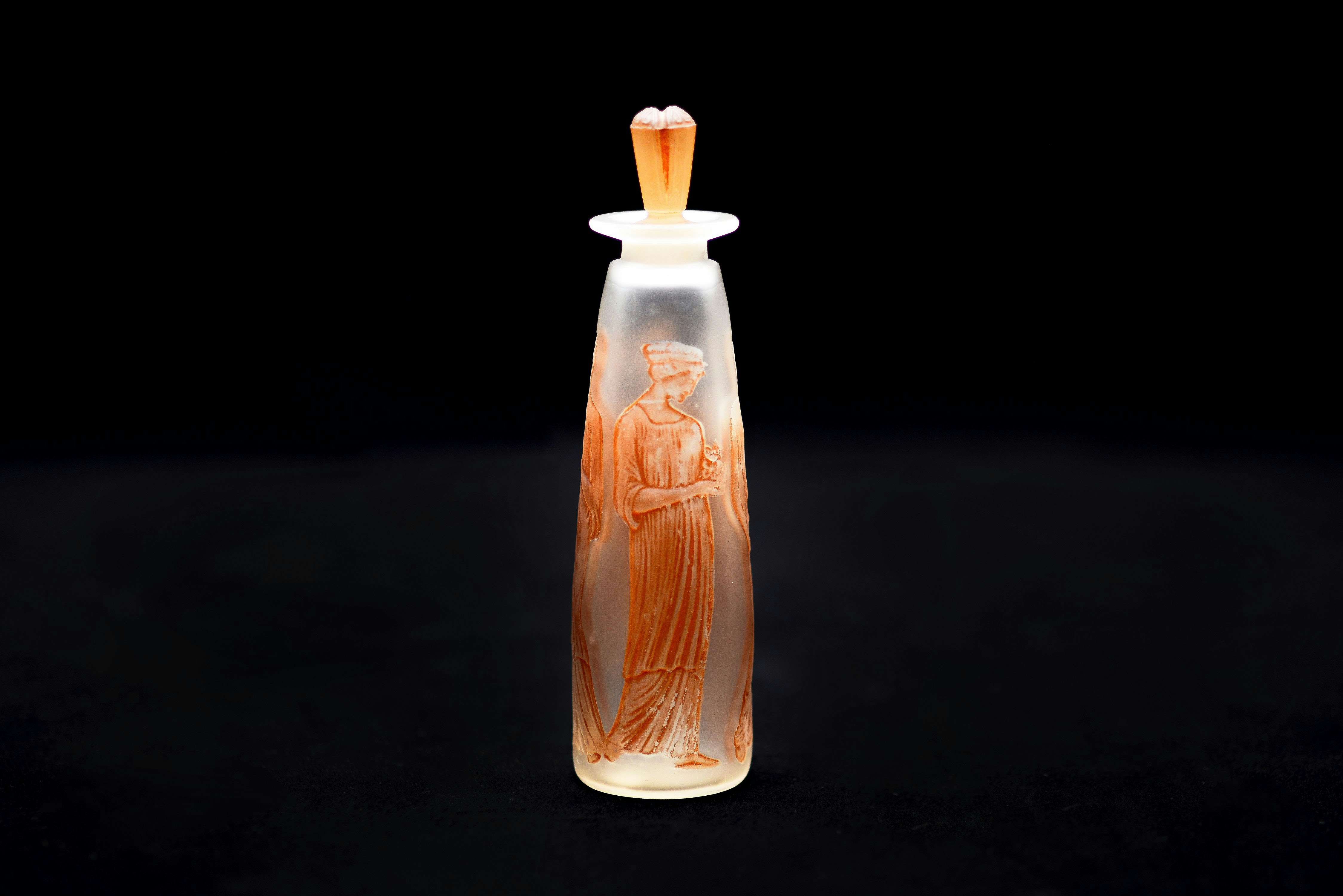 アンティーク ラリック ブルーパチネ女性像ガラス 銀花冠紋香水瓶
