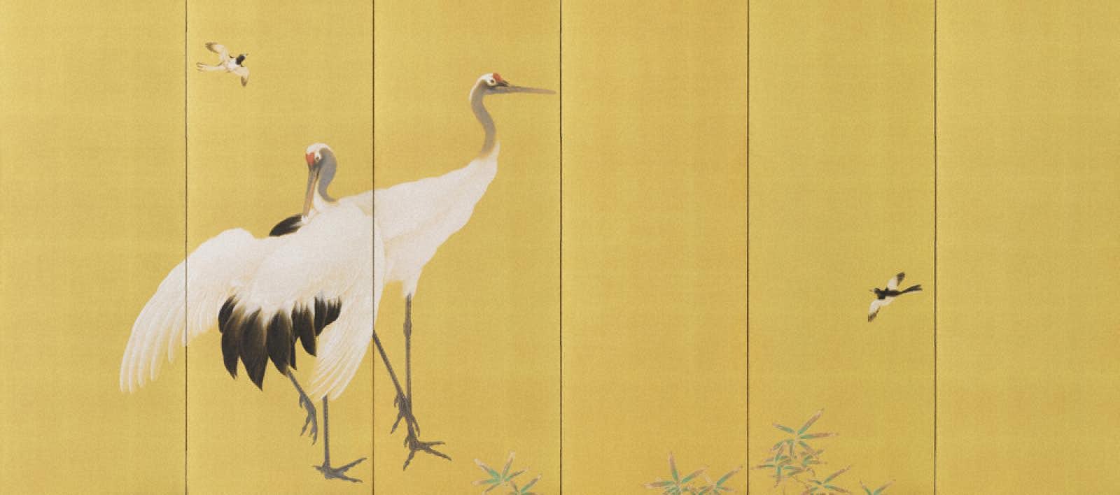 鶴の絵画　鳥　金鶴 楽天市場】【肉筆美術金屏風】野口雅宝作 金彩大鶴絵二曲屏風