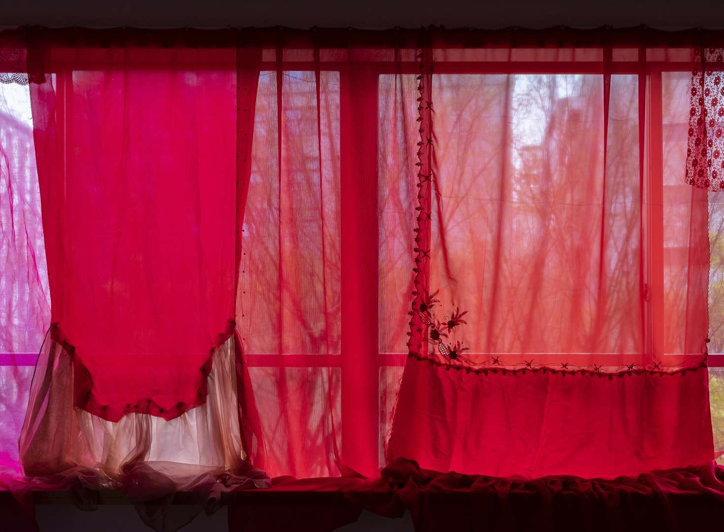赤い布がギャラリーの窓を覆う Ken Nakahashiで松下まり子 Oasis が開催 美術手帖