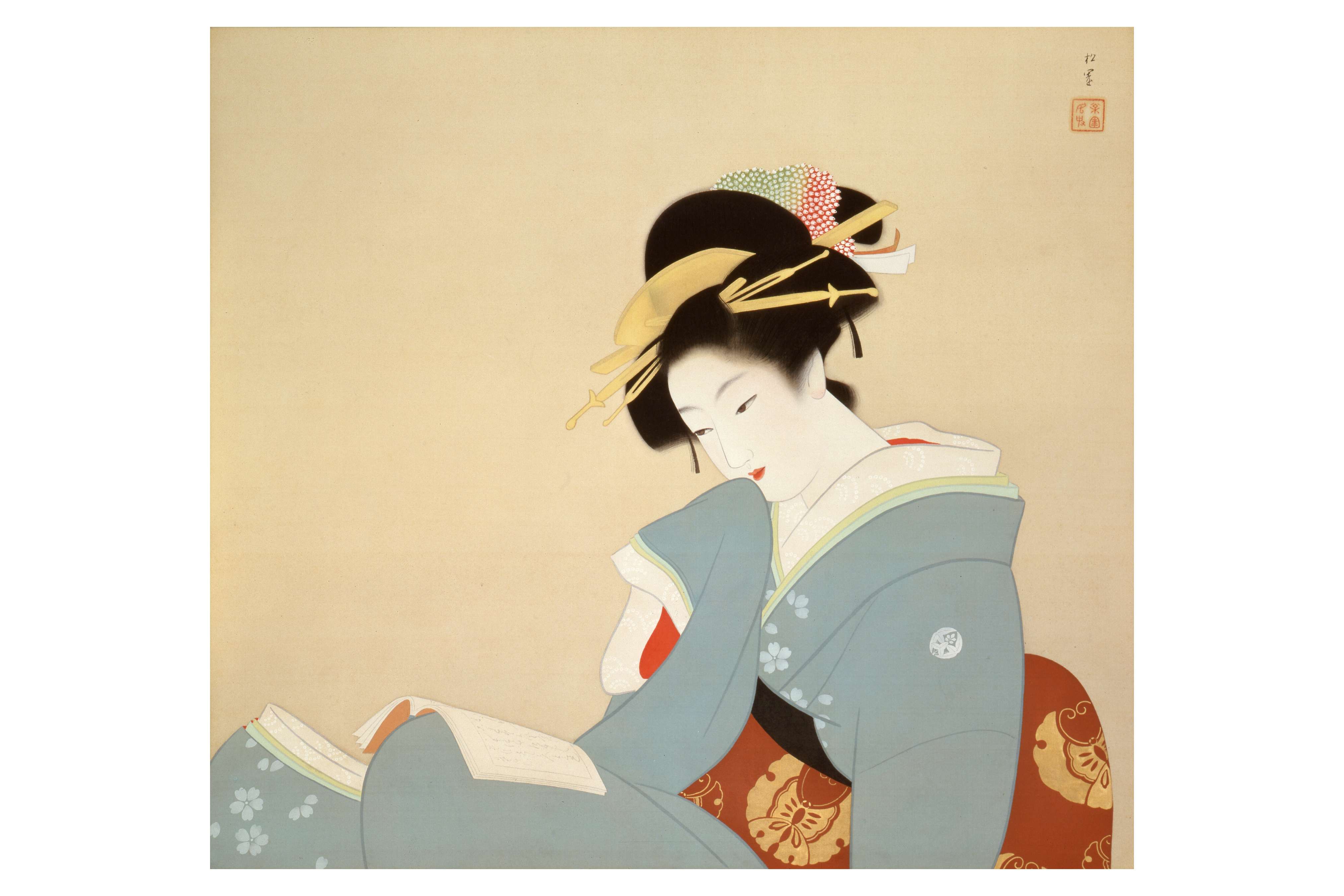 最高級 掛軸R4-1045 平野白峰 美人画 着色絹本 書いたもの 日本画人物画 女性画 浮世絵 京都の版画家 昭和期 婦人 着物 